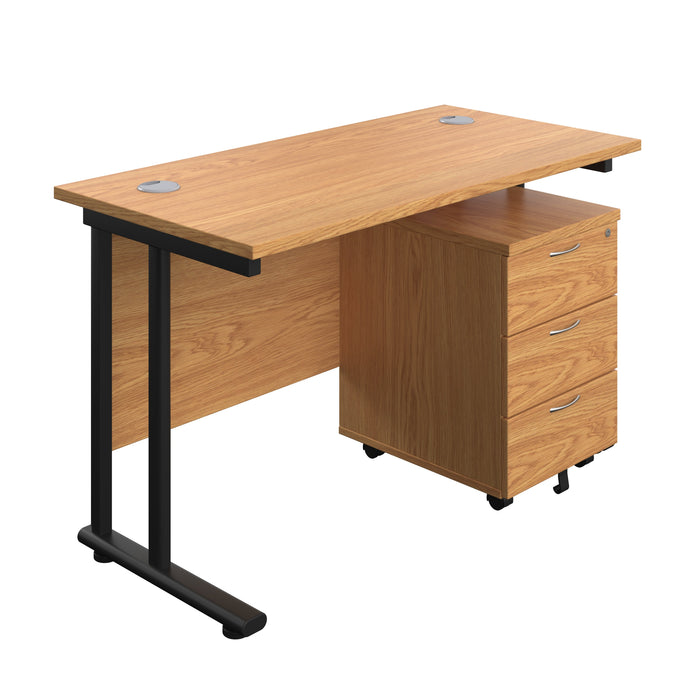 Twin Upright Rectangular Desk + Mobile 3 Drawer Pedestal (FSC) | 1200X600 | Nova Oak/Black