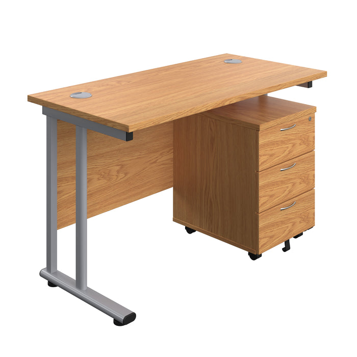 Twin Upright Rectangular Desk + Mobile 3 Drawer Pedestal (FSC) | 1200X600 | Nova Oak/Silver