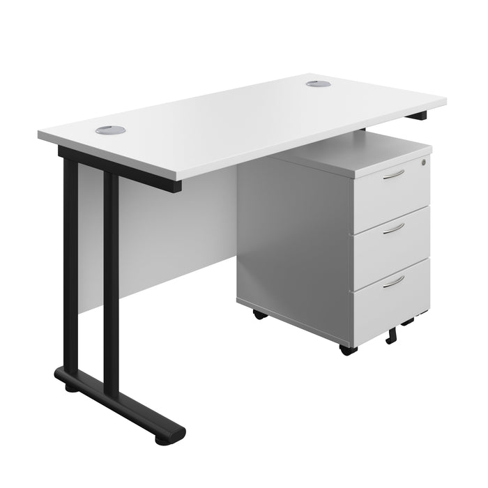 Twin Upright Rectangular Desk + Mobile 3 Drawer Pedestal (FSC) | 1200X600 | White/Black