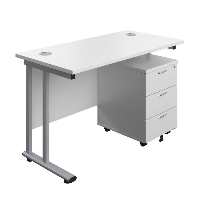 Twin Upright Rectangular Desk + Mobile 3 Drawer Pedestal (FSC) | 1200X600 | White/Silver