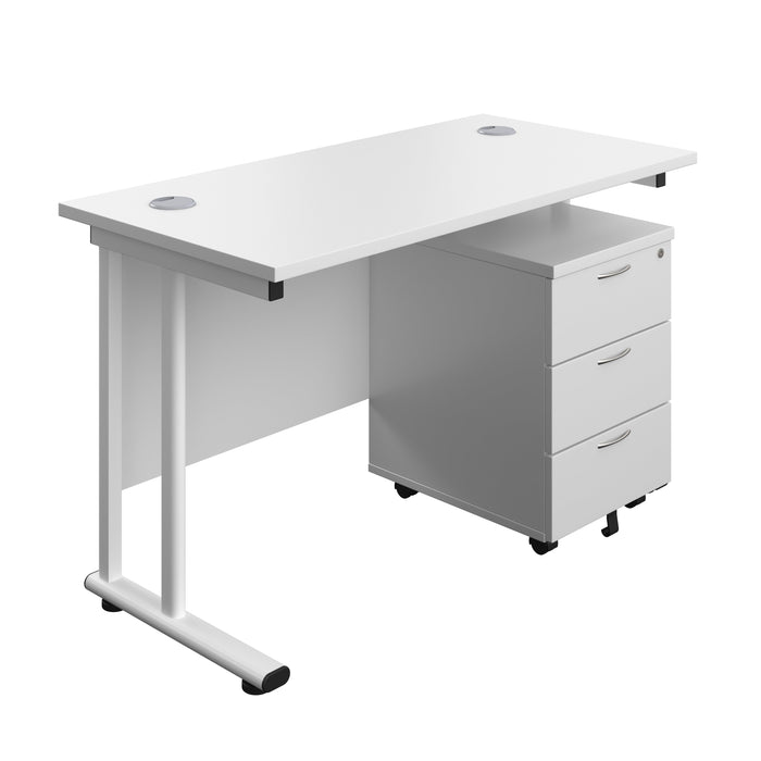 Twin Upright Rectangular Desk + Mobile 3 Drawer Pedestal (FSC) | 1200X600 | White/White