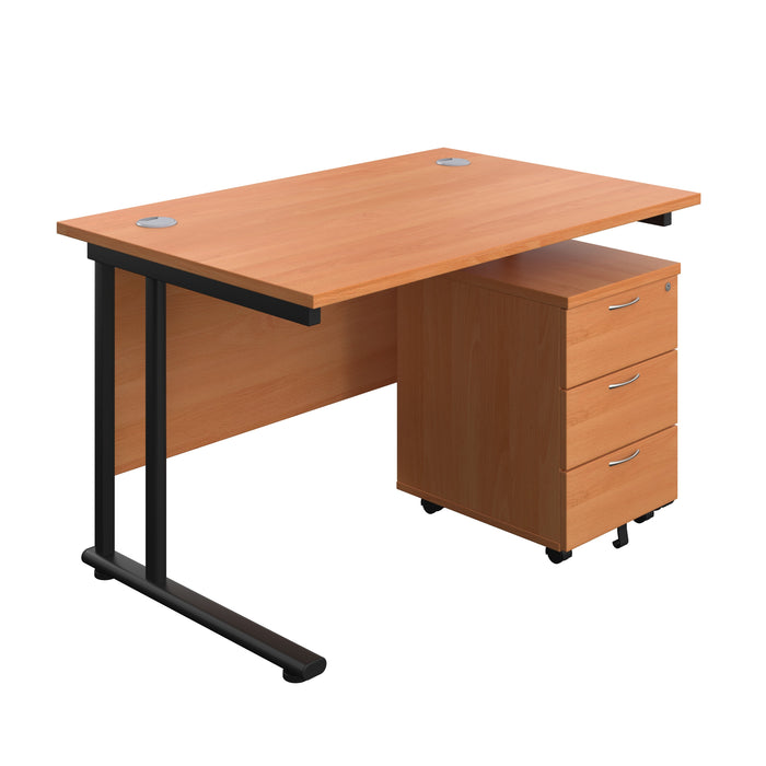 Twin Upright Rectangular Desk + Mobile 3 Drawer Pedestal (FSC) | 1200X800 | Beech/Black