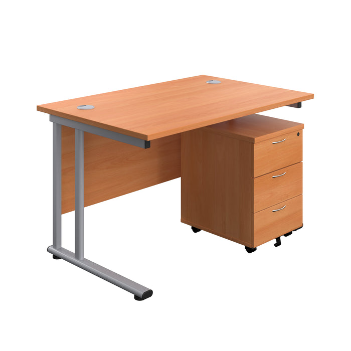 Twin Upright Rectangular Desk + Mobile 3 Drawer Pedestal (FSC) | 1200X800 | Beech/Silver