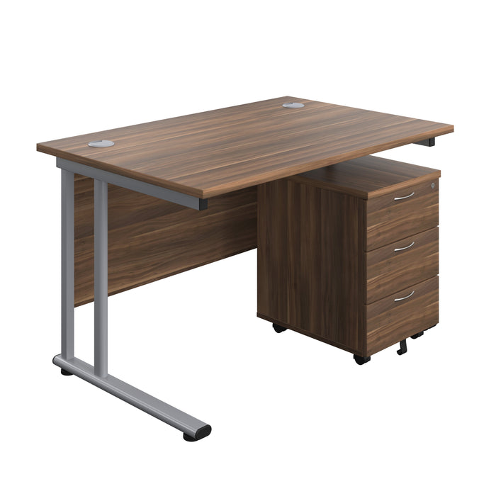 Twin Upright Rectangular Desk + Mobile 3 Drawer Pedestal (FSC) | 1200X800 | Dark Walnut/Silver