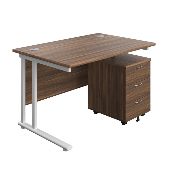 Twin Upright Rectangular Desk + Mobile 3 Drawer Pedestal (FSC) | 1200X800 | Dark Walnut/White