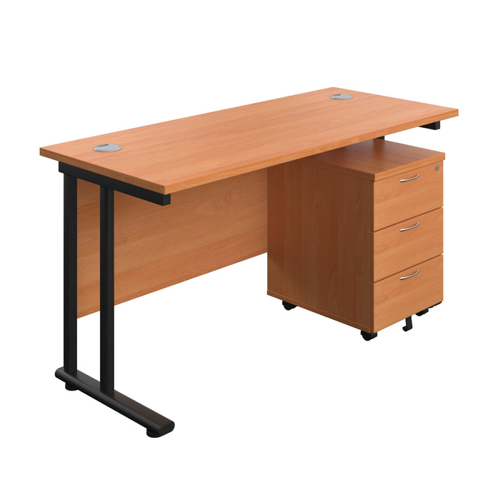 Twin Upright Rectangular Desk + Mobile 3 Drawer Pedestal (FSC) | 1400X600 | Beech/Black