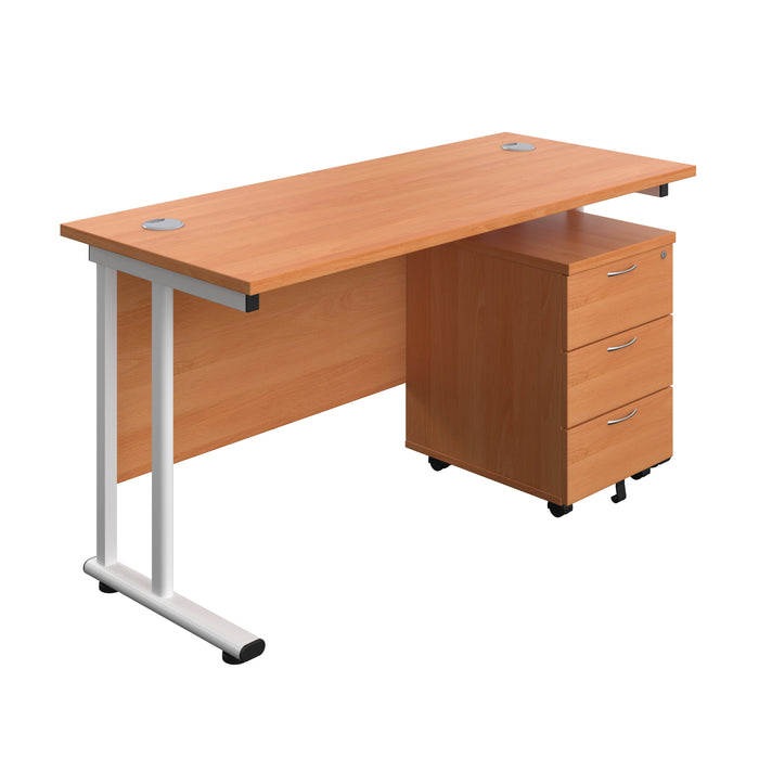 Twin Upright Rectangular Desk + Mobile 3 Drawer Pedestal (FSC) | 1400X600 | Beech/White