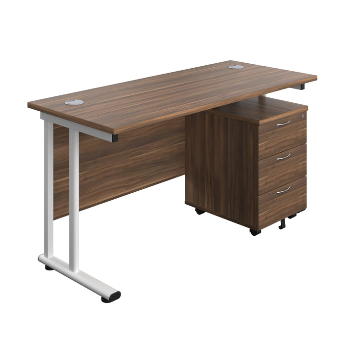 Twin Upright Rectangular Desk + Mobile 3 Drawer Pedestal (FSC) | 1400X600 | Dark Walnut/White