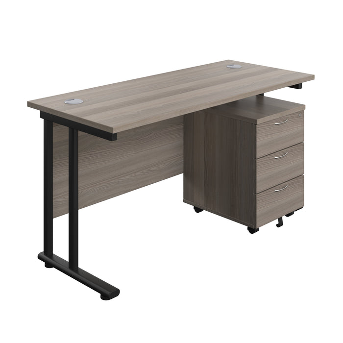 Twin Upright Rectangular Desk + Mobile 3 Drawer Pedestal (FSC) | 1400X600 | Grey Oak/Black