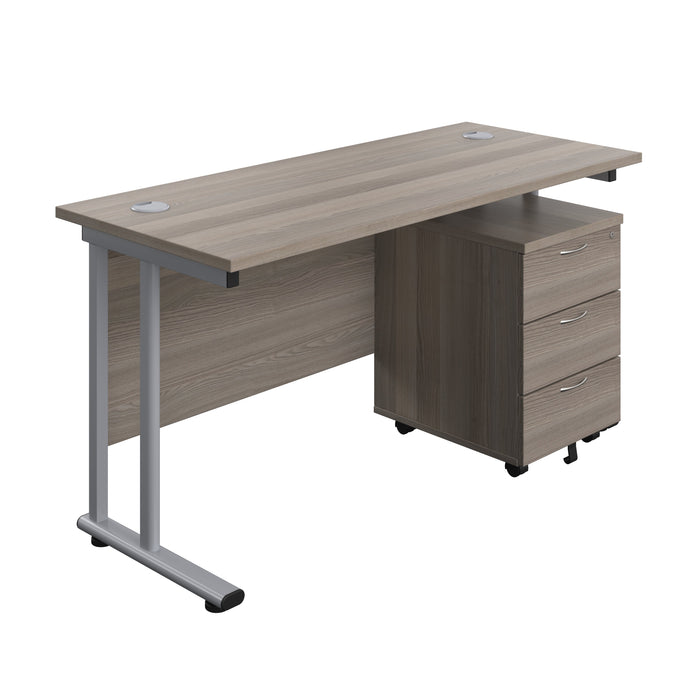 Twin Upright Rectangular Desk + Mobile 3 Drawer Pedestal (FSC) | 1400X600 | Grey Oak/Silver