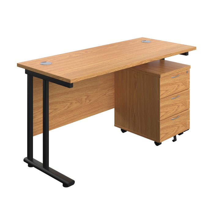 Twin Upright Rectangular Desk + Mobile 3 Drawer Pedestal (FSC) | 1400X600 | Nova Oak/Black