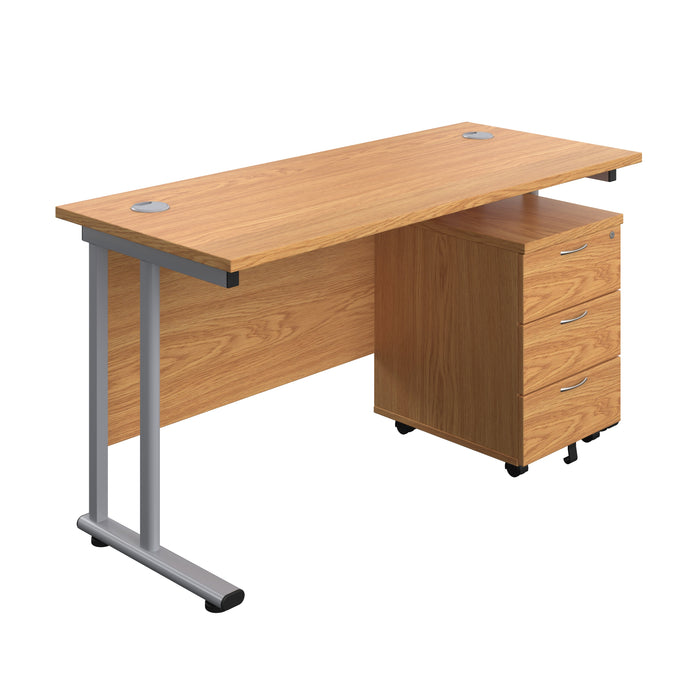 Twin Upright Rectangular Desk + Mobile 3 Drawer Pedestal (FSC) | 1400X600 | Nova Oak/Silver