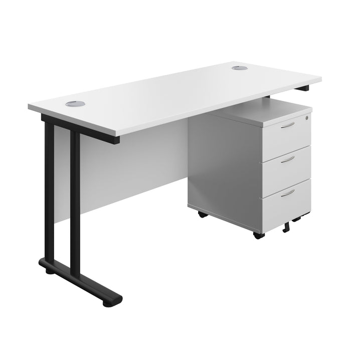 Twin Upright Rectangular Desk + Mobile 3 Drawer Pedestal (FSC) | 1400X600 | White/Black