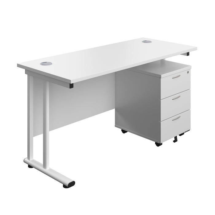 Twin Upright Rectangular Desk + Mobile 3 Drawer Pedestal (FSC) | 1400X600 | White/White