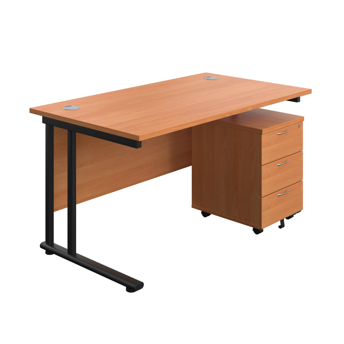 Twin Upright Rectangular Desk + Mobile 3 Drawer Pedestal (FSC) | 1400X800 | Beech/Black