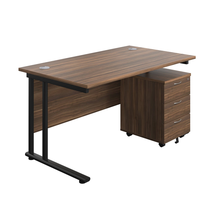 Twin Upright Rectangular Desk + Mobile 3 Drawer Pedestal (FSC) | 1400X800 | Dark Walnut/Black