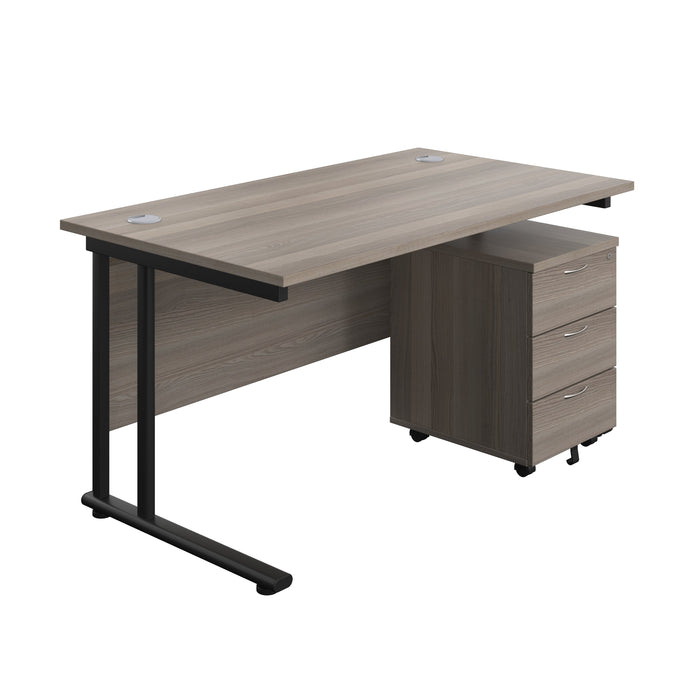 Twin Upright Rectangular Desk + Mobile 3 Drawer Pedestal (FSC) | 1400X800 | Grey Oak/Black