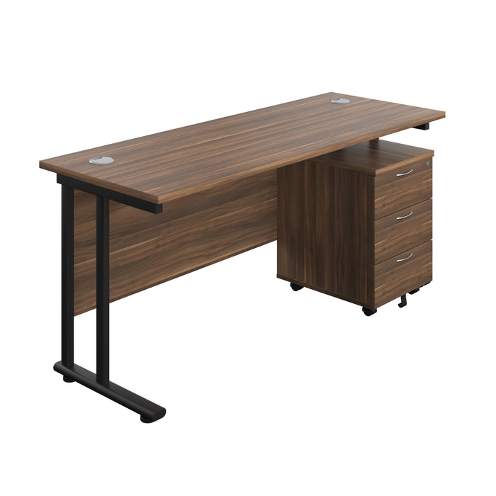 Twin Upright Rectangular Desk + Mobile 3 Drawer Pedestal (FSC) | 1600X600 | Dark Walnut/Black