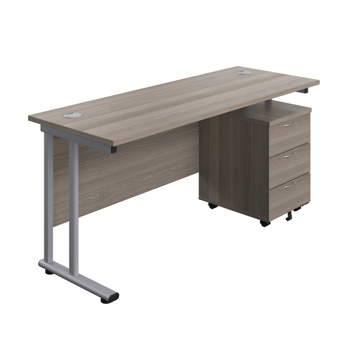 Twin Upright Rectangular Desk + Mobile 3 Drawer Pedestal (FSC) | 1600X600 | Grey Oak/Silver