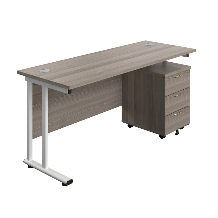 Twin Upright Rectangular Desk + Mobile 3 Drawer Pedestal (FSC) | 1600X600 | Grey Oak/White