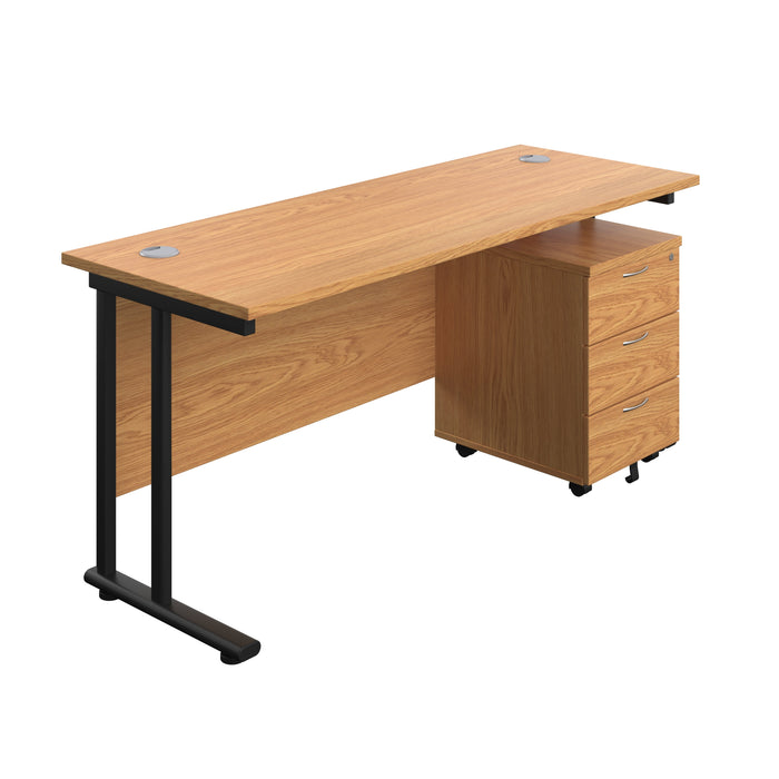 Twin Upright Rectangular Desk + Mobile 3 Drawer Pedestal (FSC) | 1600X600 | Nova Oak/Black