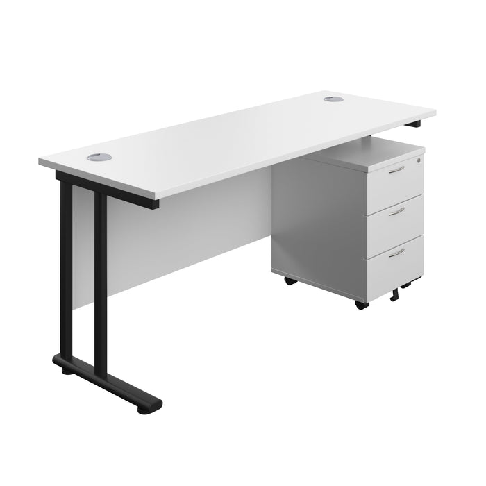 Twin Upright Rectangular Desk + Mobile 3 Drawer Pedestal (FSC) | 1600X600 | White/Black