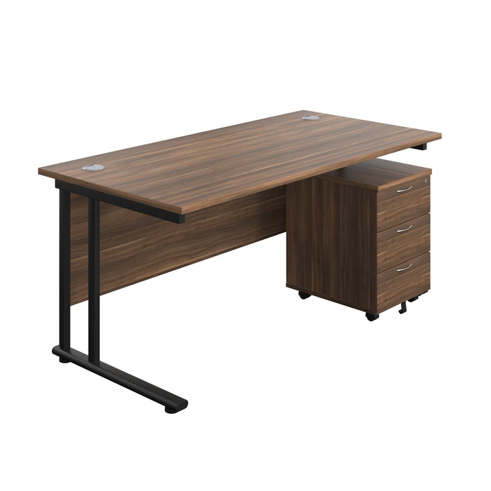 Twin Upright Rectangular Desk + Mobile 3 Drawer Pedestal (FSC) | 1600X800 | Dark Walnut/Black