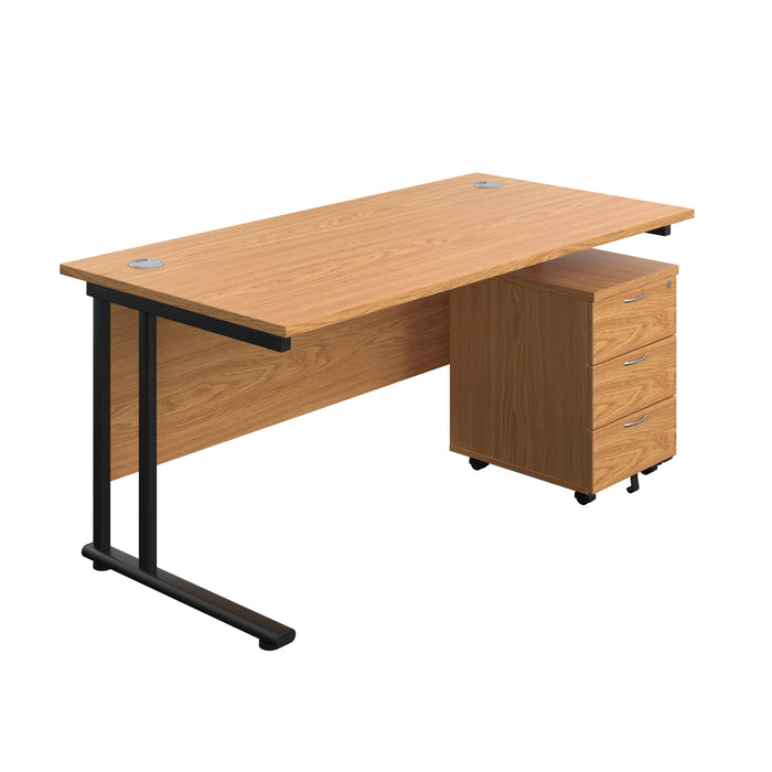 Twin Upright Rectangular Desk + Mobile 3 Drawer Pedestal (FSC) | 1600X800 | Nova Oak/Black