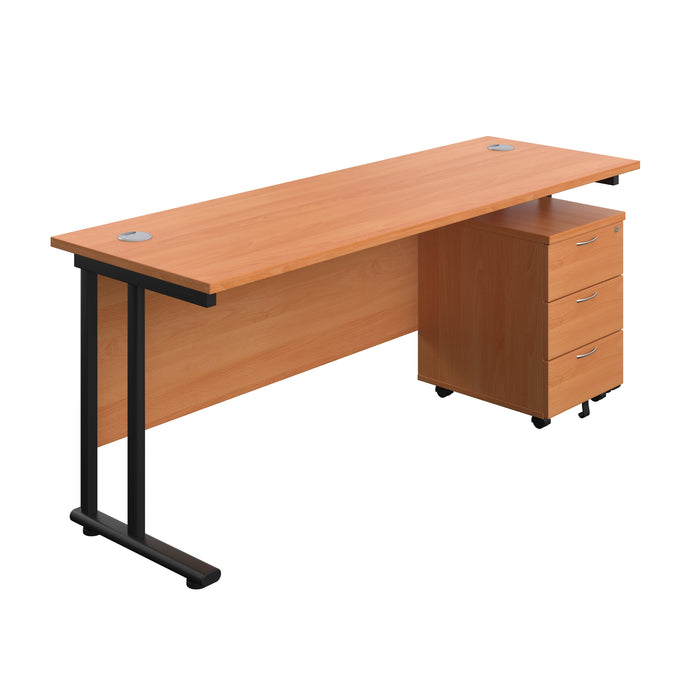 Twin Upright Rectangular Desk + Mobile 3 Drawer Pedestal (FSC) | 1800X600 | Beech/Black