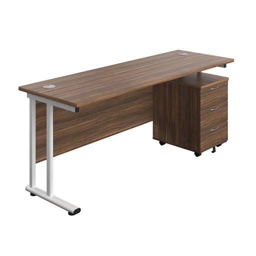 Twin Upright Rectangular Desk + Mobile 3 Drawer Pedestal (FSC) | 1800X600 | Dark Walnut/White