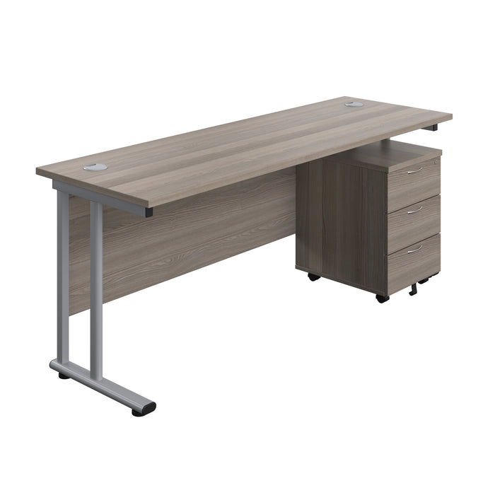 Twin Upright Rectangular Desk + Mobile 3 Drawer Pedestal (FSC) | 1800X600 | Grey Oak/Silver