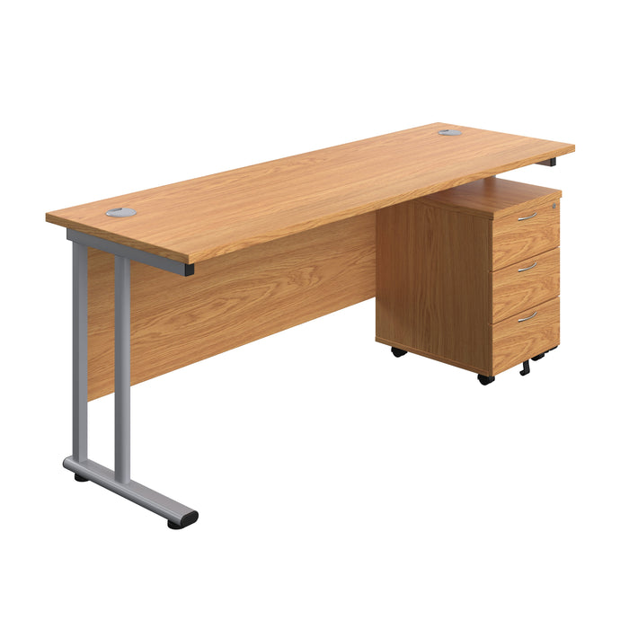 Twin Upright Rectangular Desk + Mobile 3 Drawer Pedestal (FSC) | 1800X600 | Nova Oak/Silver