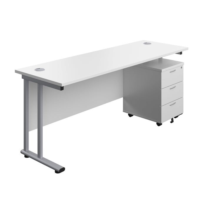 Twin Upright Rectangular Desk + Mobile 3 Drawer Pedestal (FSC) | 1800X600 | White/Silver