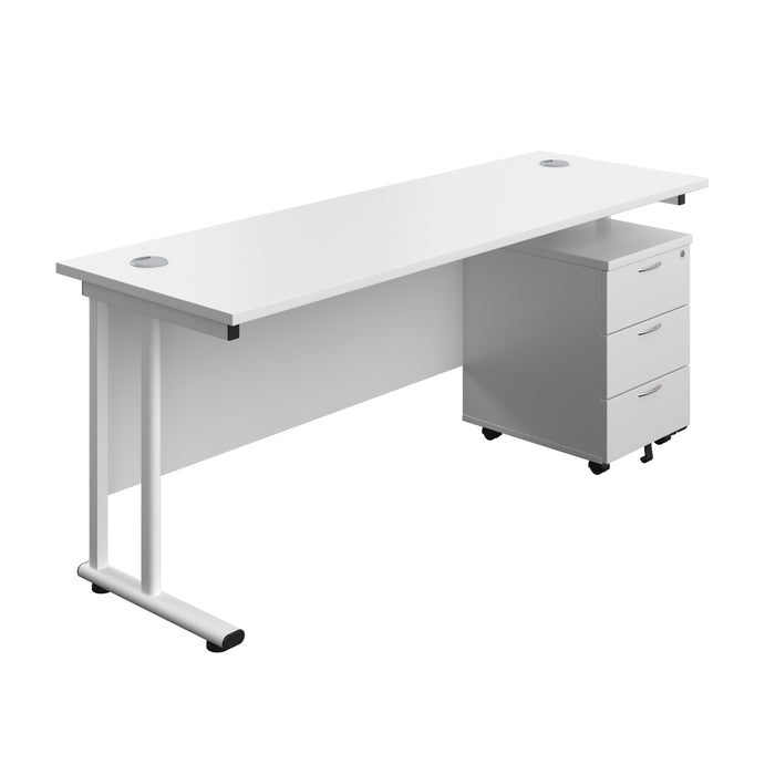 Twin Upright Rectangular Desk + Mobile 3 Drawer Pedestal (FSC) | 1800X600 | White/White