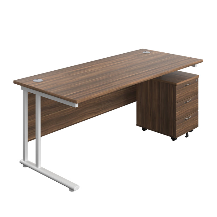 Twin Upright Rectangular Desk + Mobile 3 Drawer Pedestal (FSC) | 1800X800 | Dark Walnut/White