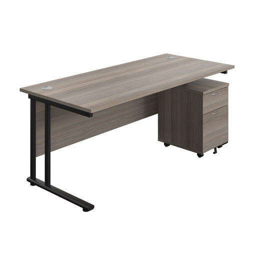 Twin Upright Rectangular Desk + Mobile 2 Drawer Pedestal (FSC) | 1800X800 | Grey Oak/Black