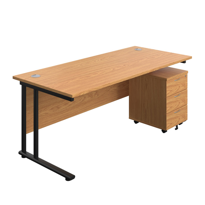 Twin Upright Rectangular Desk + Mobile 3 Drawer Pedestal (FSC) | 1800X800 | Nova Oak/Black