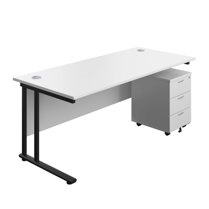 Twin Upright Rectangular Desk + Mobile 3 Drawer Pedestal (FSC) | 1800X800 | White/Black