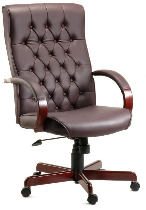 Teknik Warwick Burgundy Bonded Leather Button Back Chair Matching Mahogany Effect Arms And Base