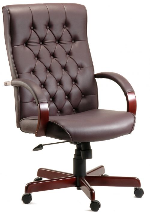 Teknik Warwick Burgundy Bonded Leather Button Back Chair Matching Mahogany Effect Arms And Base