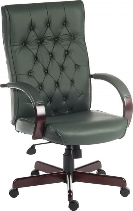 Teknik Warwick Green Bonded Leather Traditional Button Back Chair Matching Mahogany Effect Arms Base
