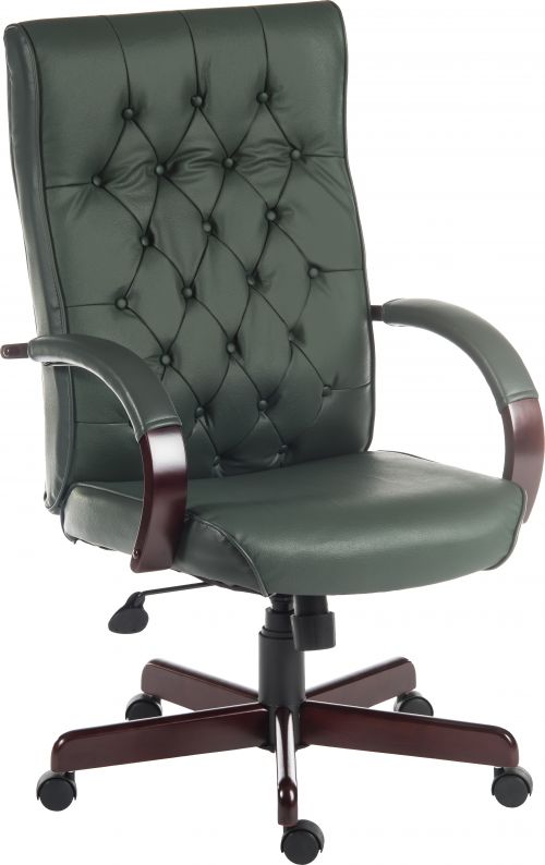 Teknik Warwick Green Bonded Leather Traditional Button Back Chair Matching Mahogany Effect Arms Base