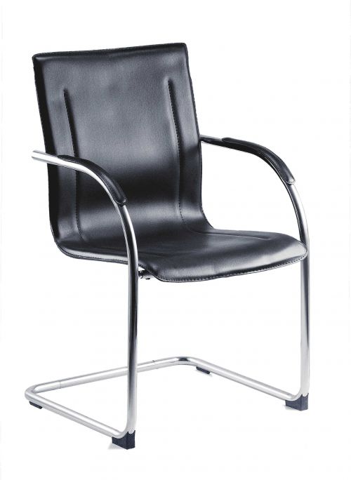 Teknik Guest Black Leather Look Reception Chair with chrome cantilever frame and matching padded armrests (MOQ of 5 - priced individually)