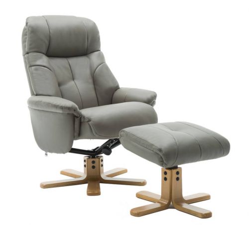 Teknik Denver Recliner Grey Leather Look with Swivel Recline Function Stylish Natural Wood Five Star Base and Matching Footstool