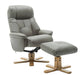 Teknik Denver Recliner Grey Leather Look with Swivel Recline Function Stylish Natural Wood Five Star Base and Matching Footstool