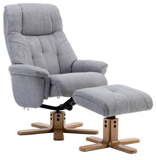Teknik Denver Recliner Light Grey Fabric with Swivel Recline Function Stylish Natural Wood Five Star Base and Matching Footstool