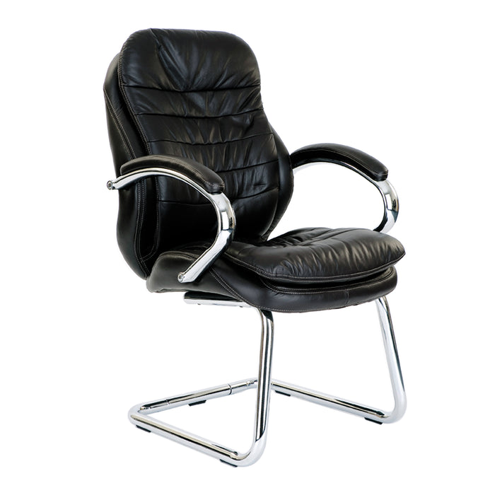 High Back Italian Leather Faced Executive Visitor Armchair with Integral Headrest and Chrome Base