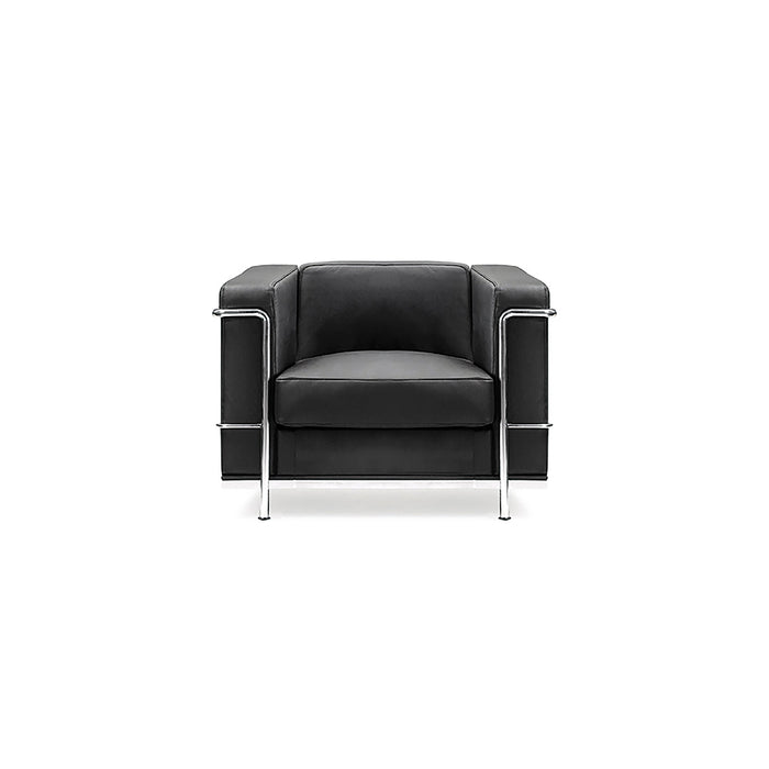 Contemporary Cubed Leather Faced Reception Chair with Stainless Steel Frame and Integrated Leg Supports - Black