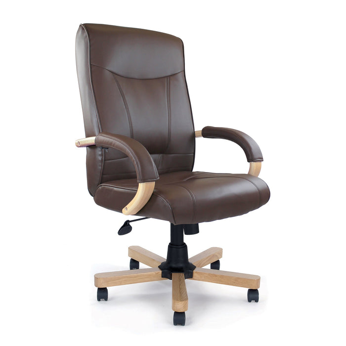 High Back Leather Faced Executive Chair with Oak Effect Arms & Base