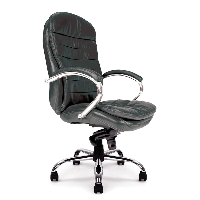 High Back Italian Leather Faced Synchronous Executive Armchair with Integral Headrest and Chrome Base
